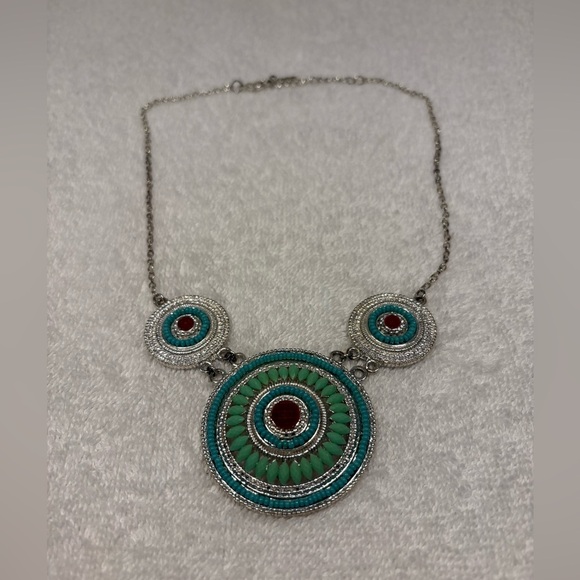 Statement Beaded Mandala Necklace with Turquoise & Red Accents - Picture 4 of 7